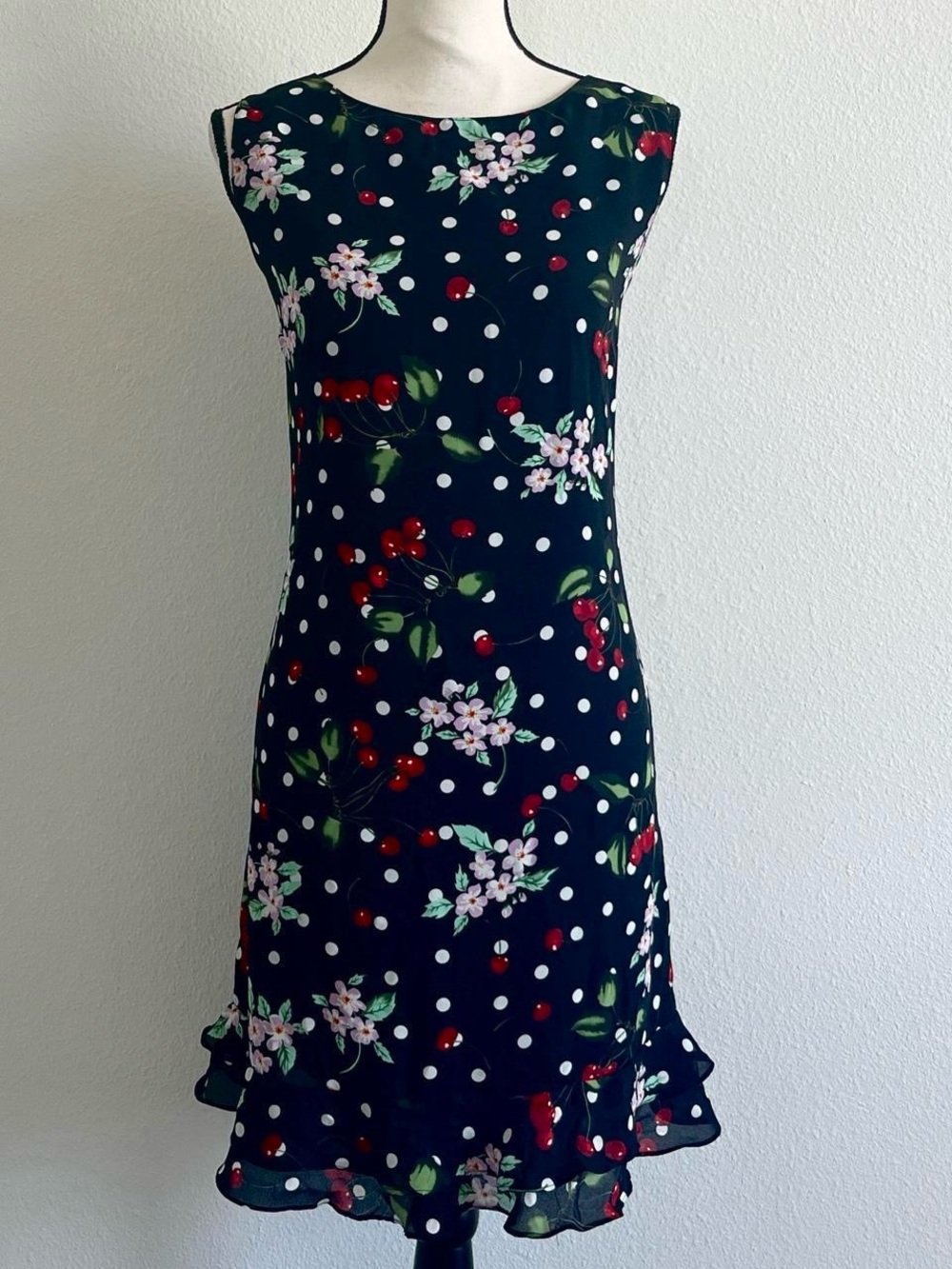 Vintage 90’s cherry polka dot print mid length dress